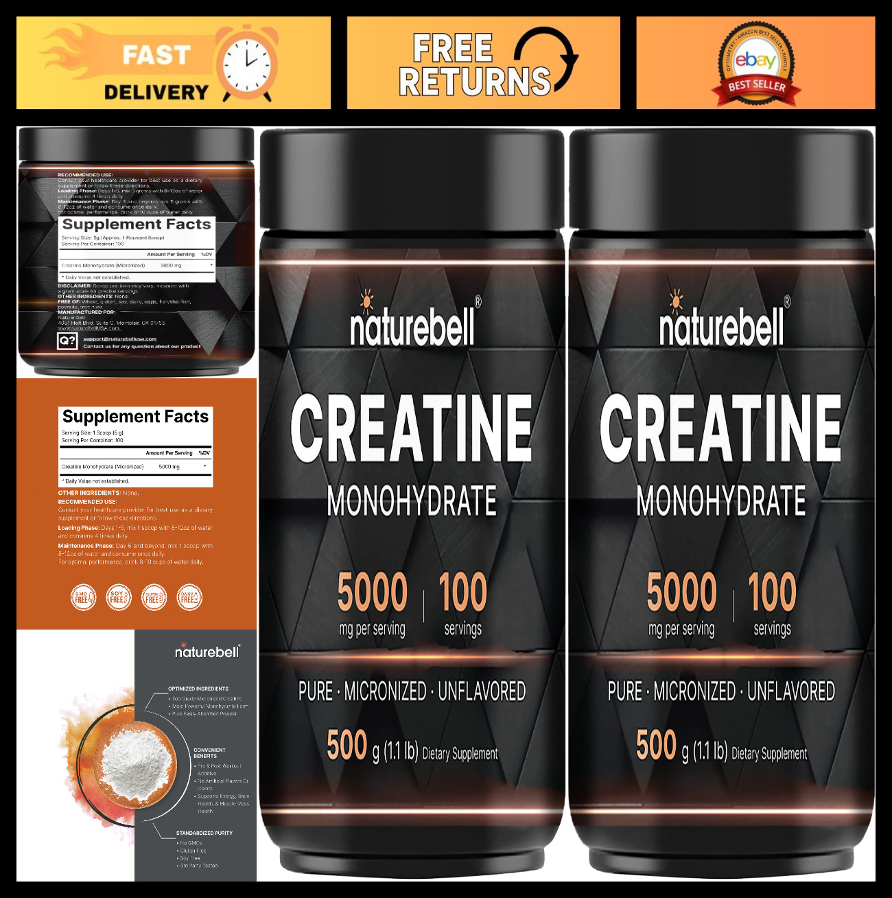 2 Pack Creatine Monohydrate Powder 500g | Micronized, Pure, Unflavored | Keto, V