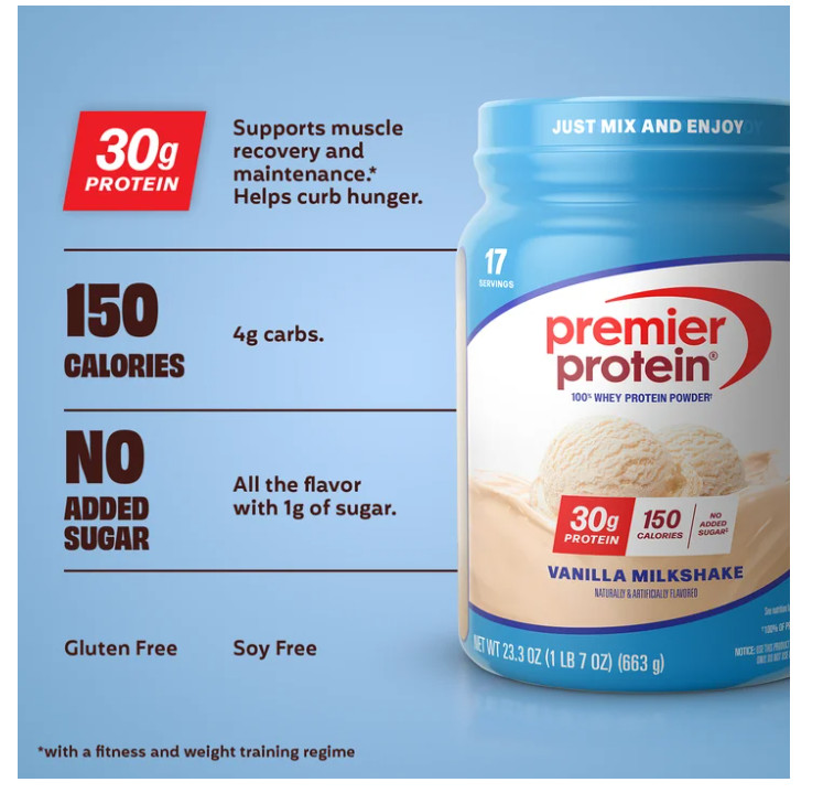 Premier Protein 100% Whey Protein Powder Vanilla 30g Protein 1.7 lb Jar
