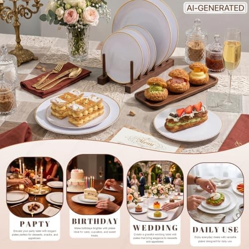 KIRE 100PCS White and Gold Plates – Plastic Disposable Plates – Includes 50Pi…