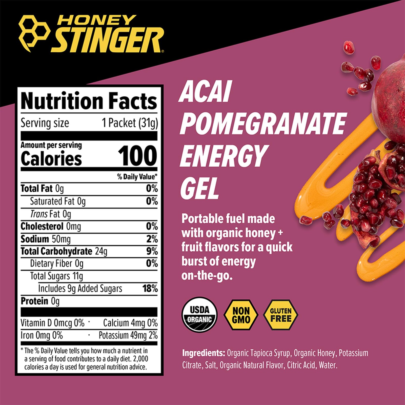 Honey Stinger Organic Acai Pomegranate 1.1 Ounce (Pack of 24), Multicolor