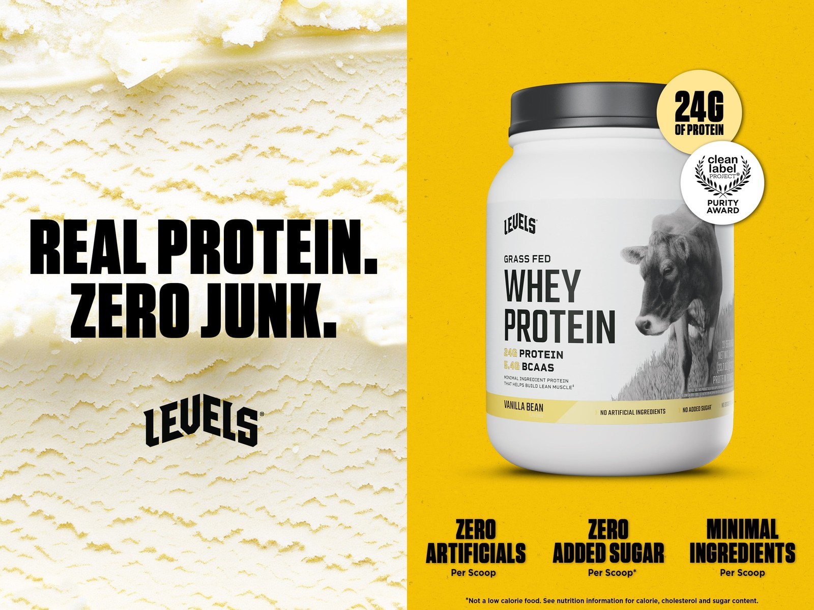 Levels Grass Fed Whey Protein, No Artificials, 24G Protein, Vanilla Bean, 1.48LB