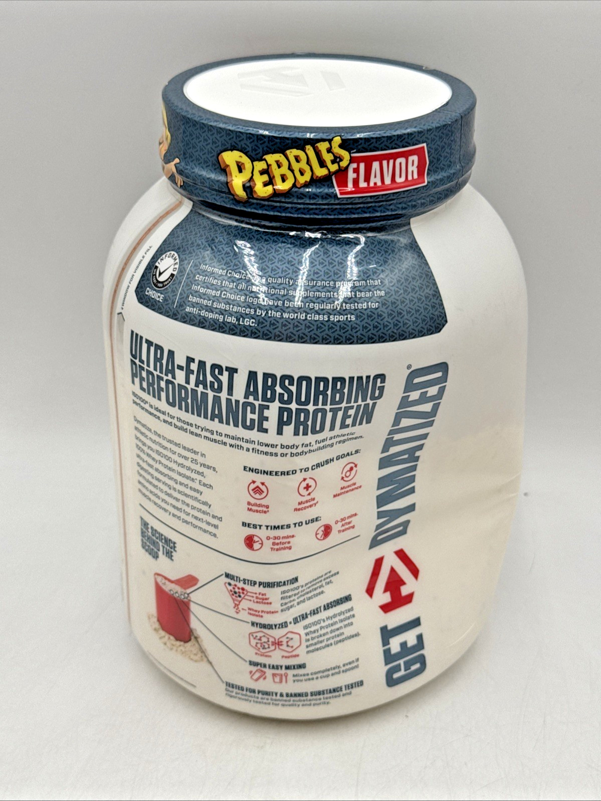 Dymatize ISO100 Fruity Pebbles Whey Protein Isolate 3lb 45 Serv 08/26 DENTED TUB
