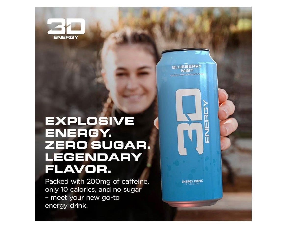 3D Energy Blueberry Mist Drink 16 fl oz 200mg Caffeine Zero Sugar 12 Pack