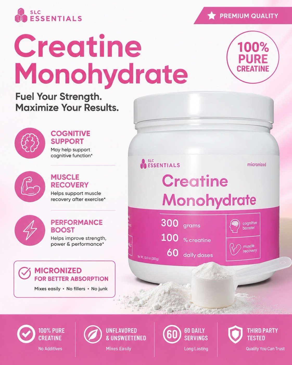Creatine Monohydrate 300g 100% Pure Micronized Powder Unflavored 60 Servings