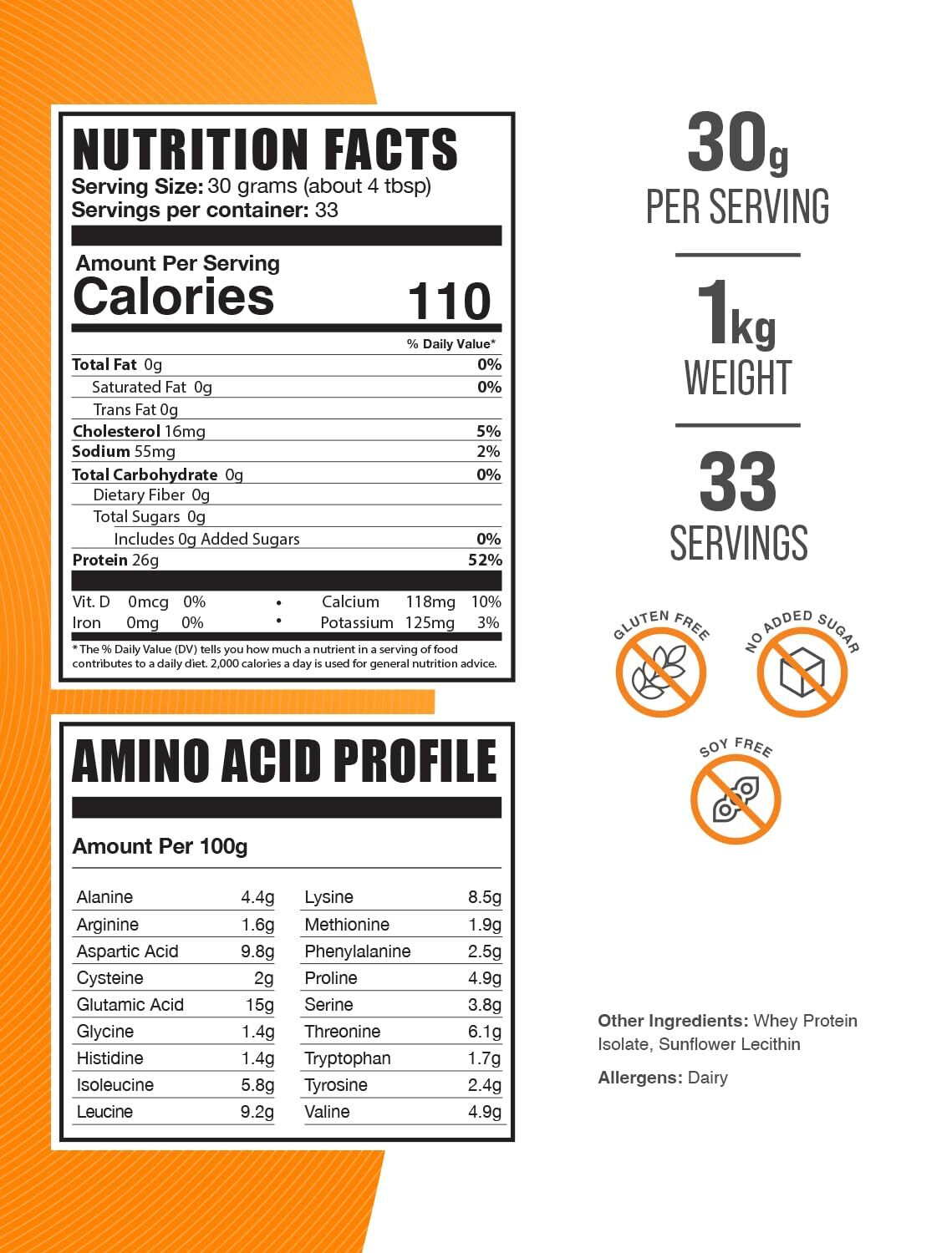 WHEY PROTEIN ISOLATE Powder Unflavored 30g per Serving 1 Kg BULKSUPPLEMENTS