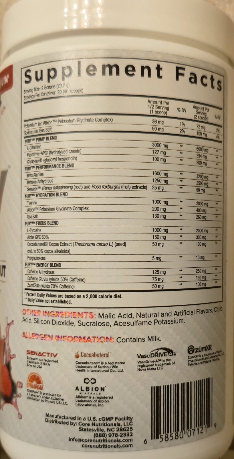Core Nutritionals FURY V2 NEXT GEN PRE 1lb (20-40 Serv) Wat/stra BEST BY 11/ 26