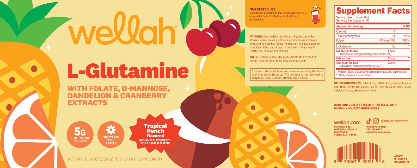 Wellah L-Glutamine Tropical Punch Powder (50 Servings) – 5g L-Glutamine