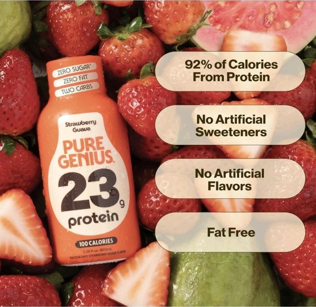 12 PACK Pure Genius Strawberry Guava Protein Shots 23g KETO Gluten & Sugar Free