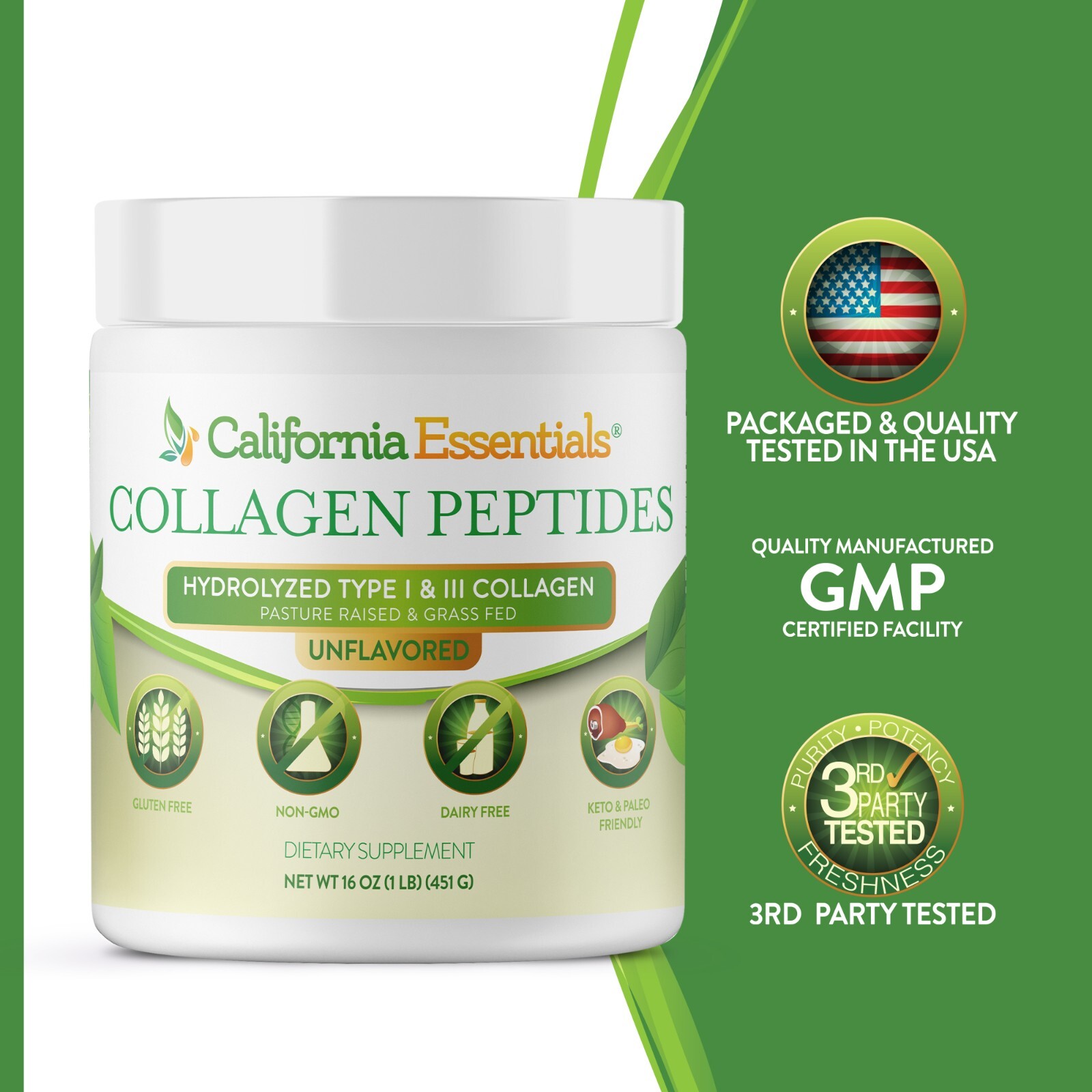 Collagen Peptides Powder Gluten Free Dairy Free – Unflavored – 2 Pack (16oz x 2)