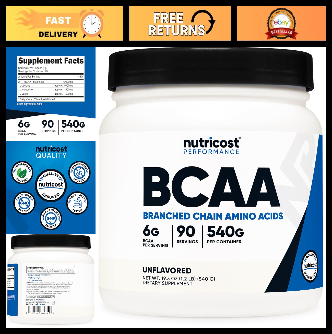 BCAA Powder 2:1:1 – 90 Servings, Unflavored Branched Chain Amino Acids for Muscl