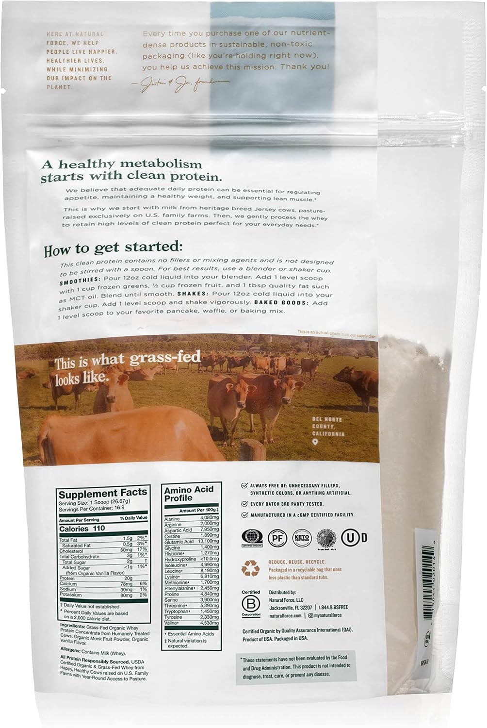 Grass Fed Organic Whey Protein Powder – Non GMO Verified, Humane Certified & Lab