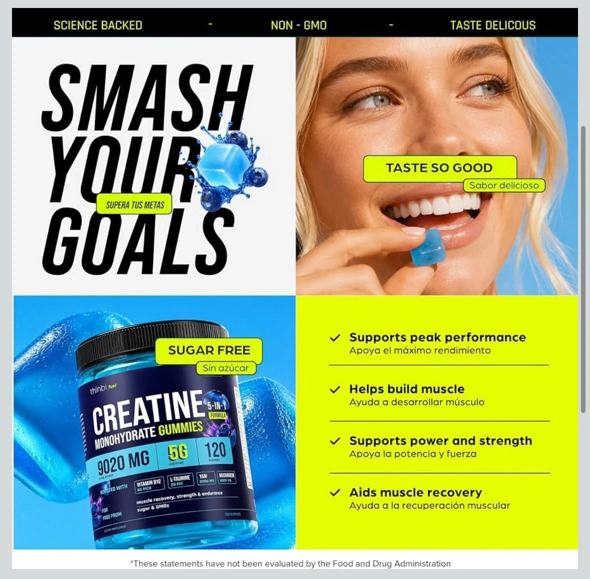 Thinbi Creatine Gummies 9020mg 5-in-1 5G Creatine Monohydrate B12 & L-Taurine