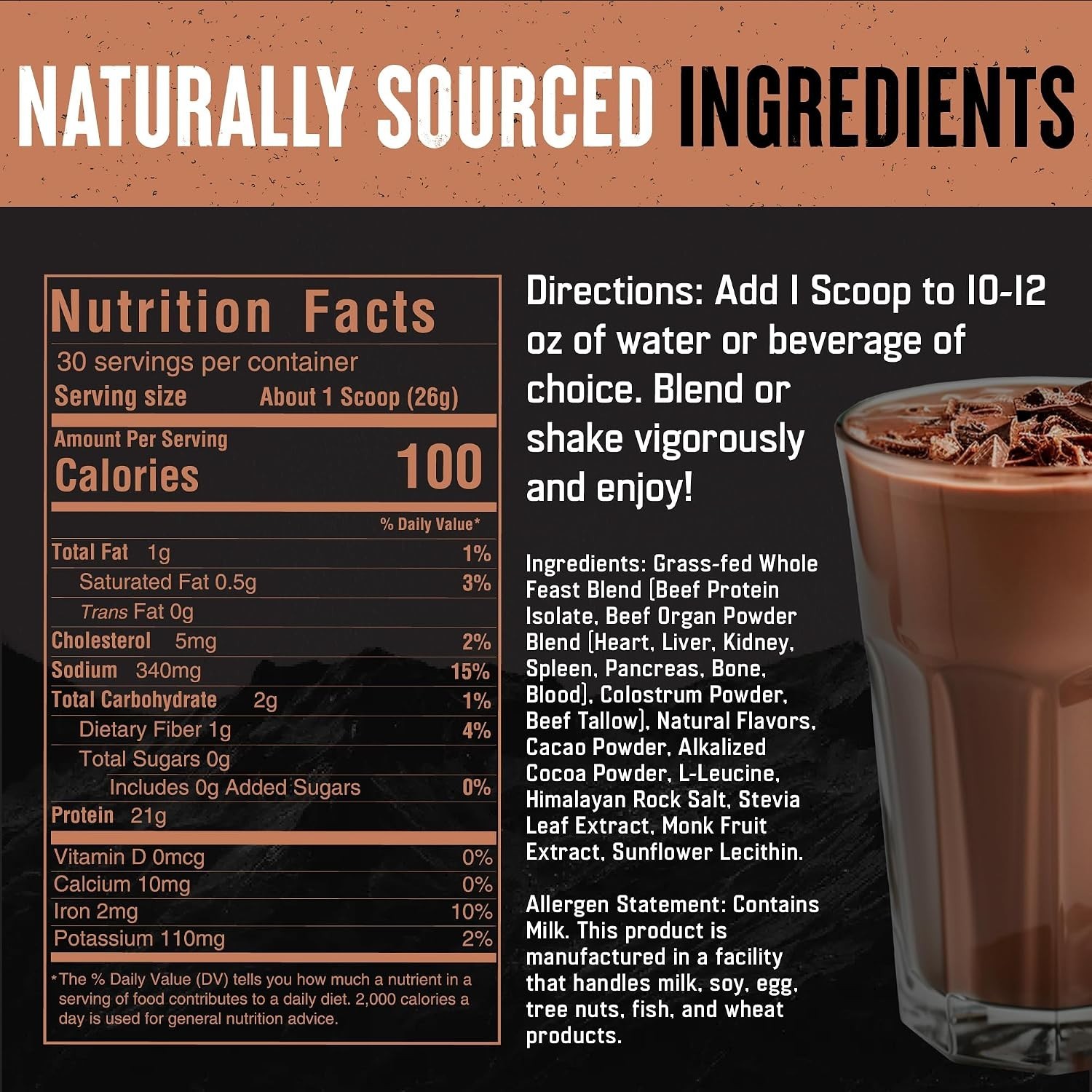 Whole Feast Beef Protein Powder Milk Chocolate Grass Fed Collagen BCAAs 21g