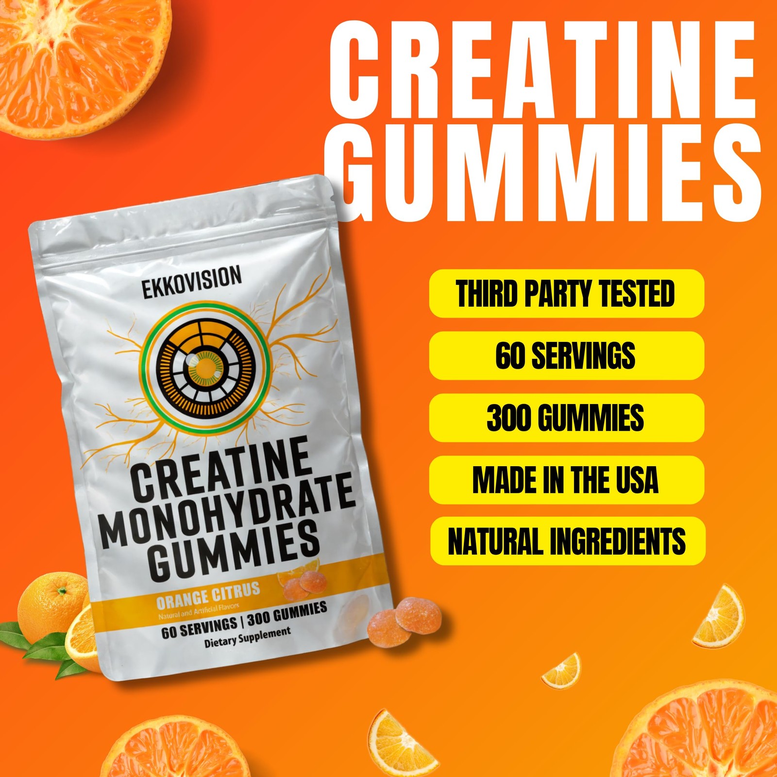 Ekkovision Creatine Monohydrate Gummies for Men and Women, Orange Citrus Flav…