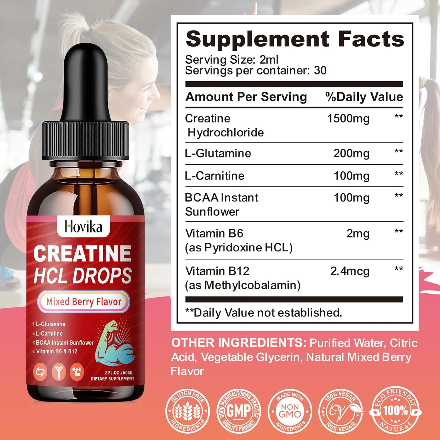 Creatine HCL Liquid Drops for Men & Women, Creatine Hydrochloride with L-Carniti