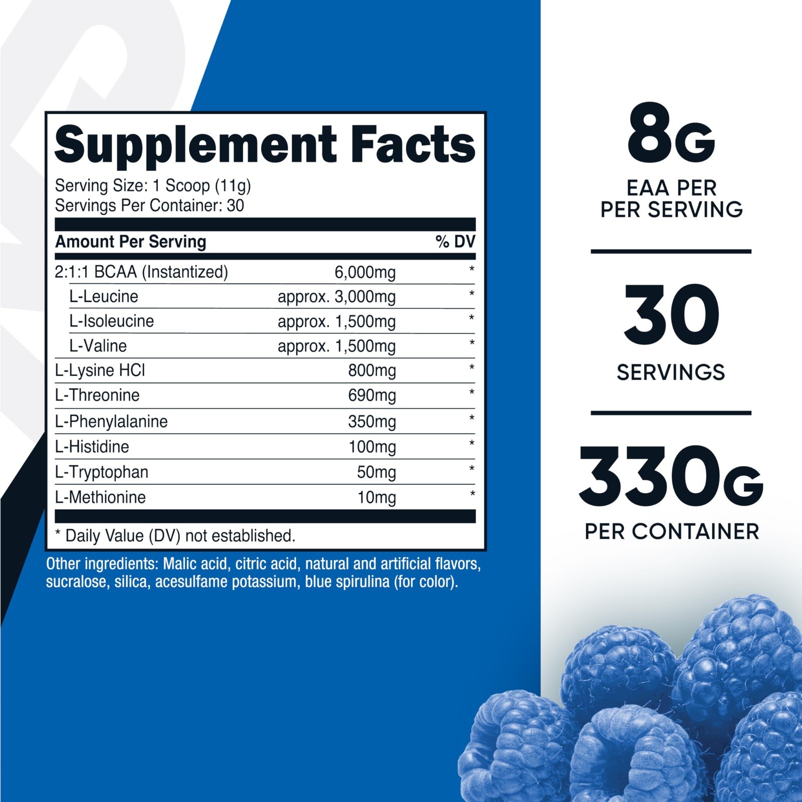 Essential Amino Acids EAA Powder – 30 Servings Blue Raspberry, GMO-Free, Gluten-