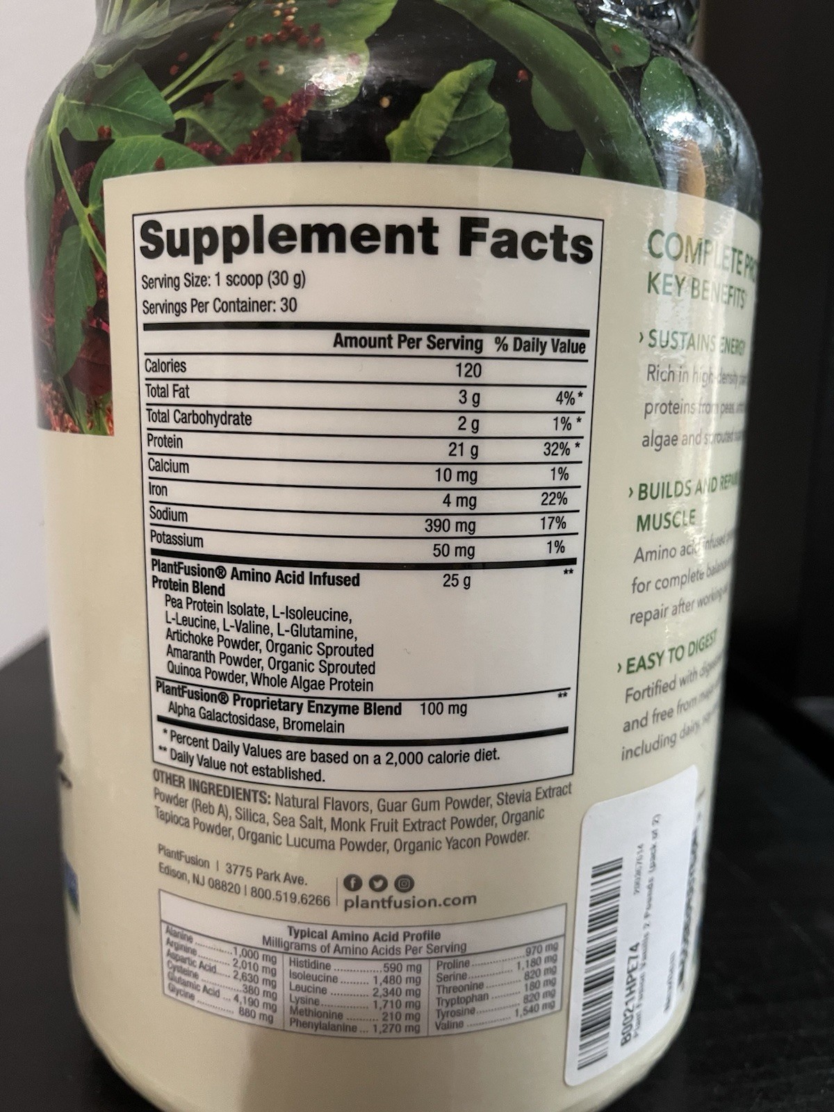 PlantFusion Complete Protein Powder Vegan Dairy-Free Creamy Vanilla Bean 31.75oz