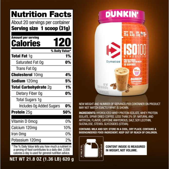 Dymatize ISO100 Hydrolyzed Whey Isolate, Dunkin’ Cappuccino, 20 Servings