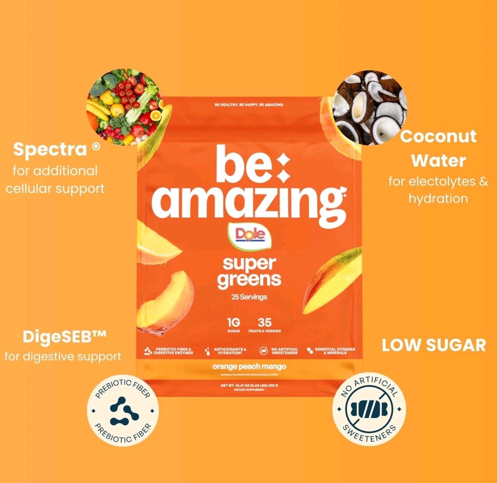 BE Amazing SUPER GREENS 11 oz (25 Serv) Natural Orange Peach Mango BESTBY 10/26