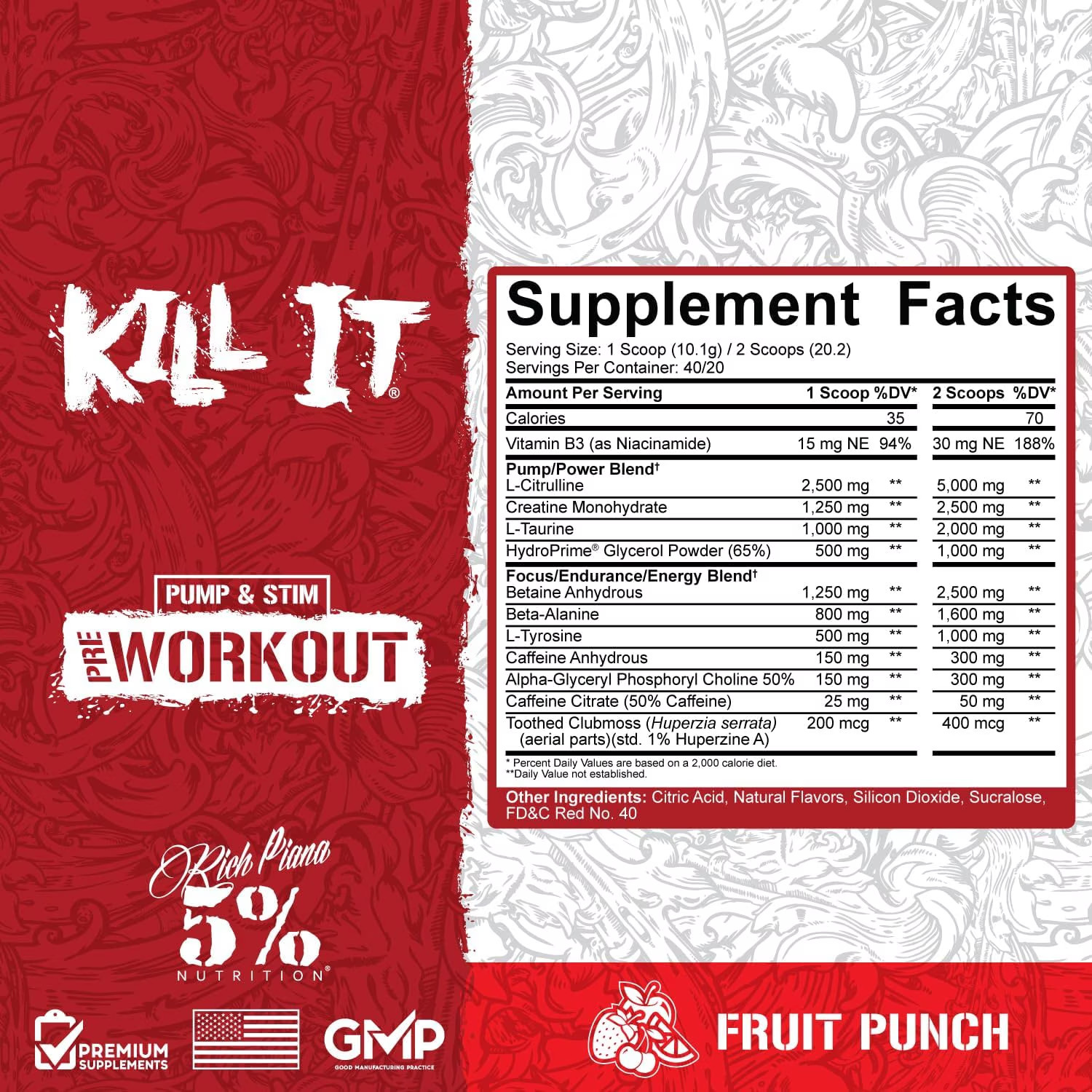 5% Nutrition Rich Piana Kill It Pre-Workout Powder for Energy and Pumps, Fruit P