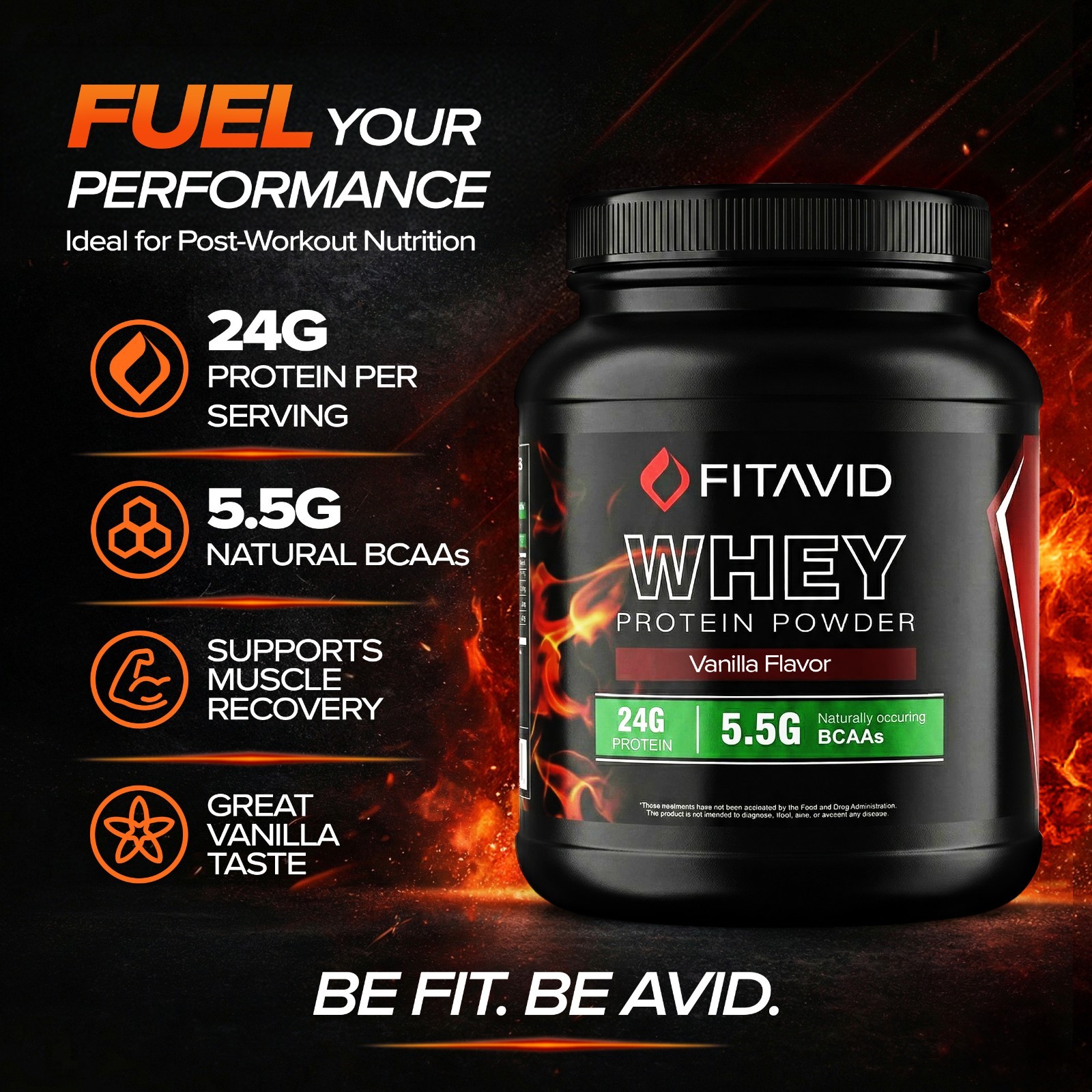FITAVID Whey Protein Powder 2 lb Vanilla Chocolate Strawberry Fitness Shake