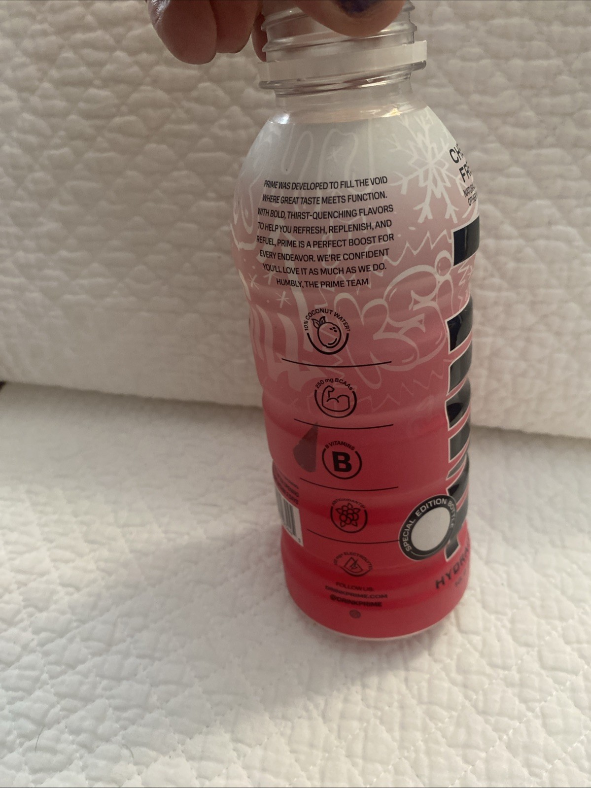 Prime Hydration Cherry Freeze Special Edition Graffiti Color Change Bottle, Open