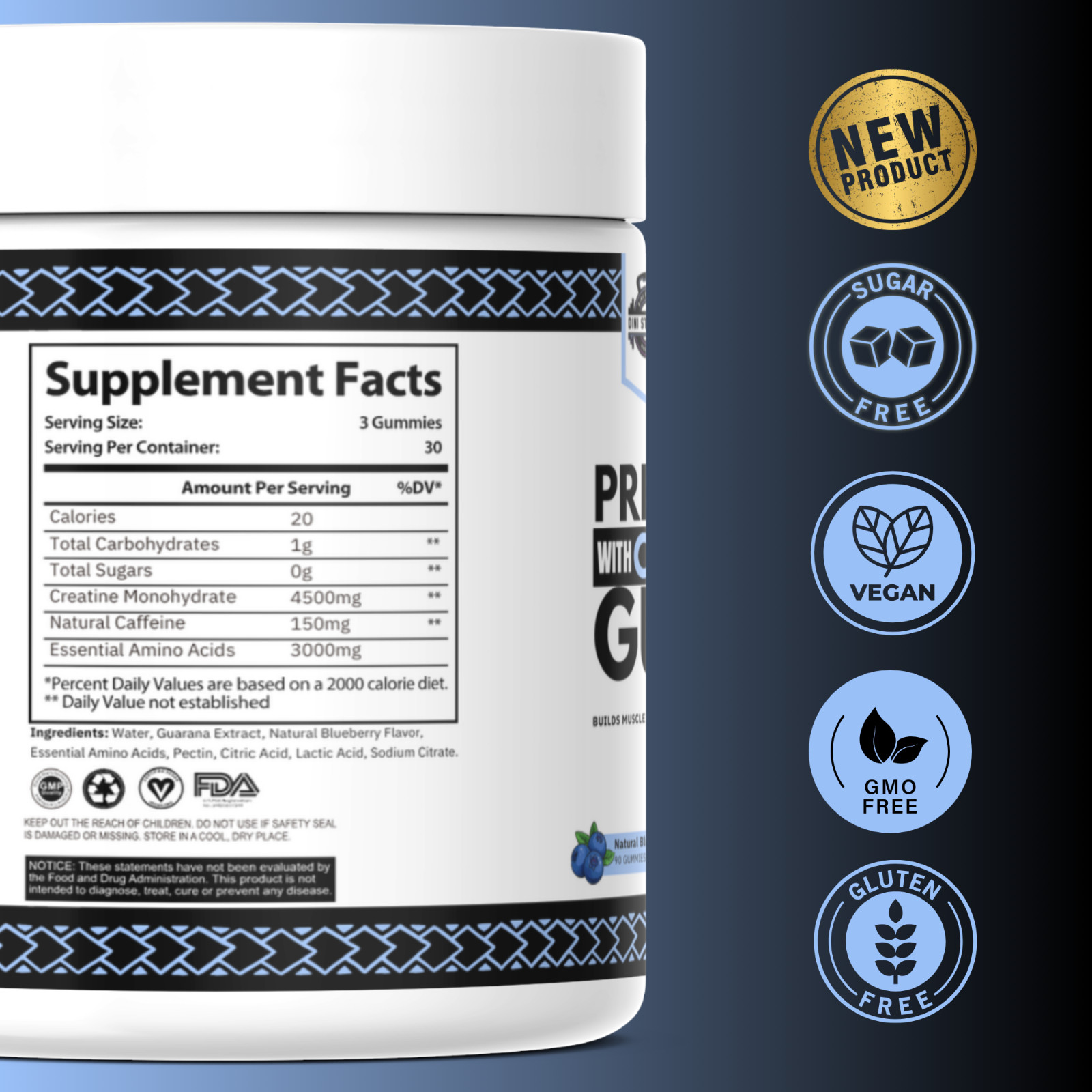 3-in-1 Pre-Workout Gummies Blueberry | Vegan Non-GMO | 150mg Caffeine + 4.5g Cre