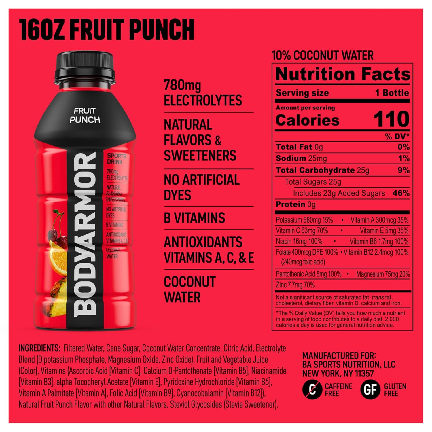 BODYARMOR Fruit Punch Sports Drink, 16 Fl Oz (12 Pack), Electrolyte Hydration