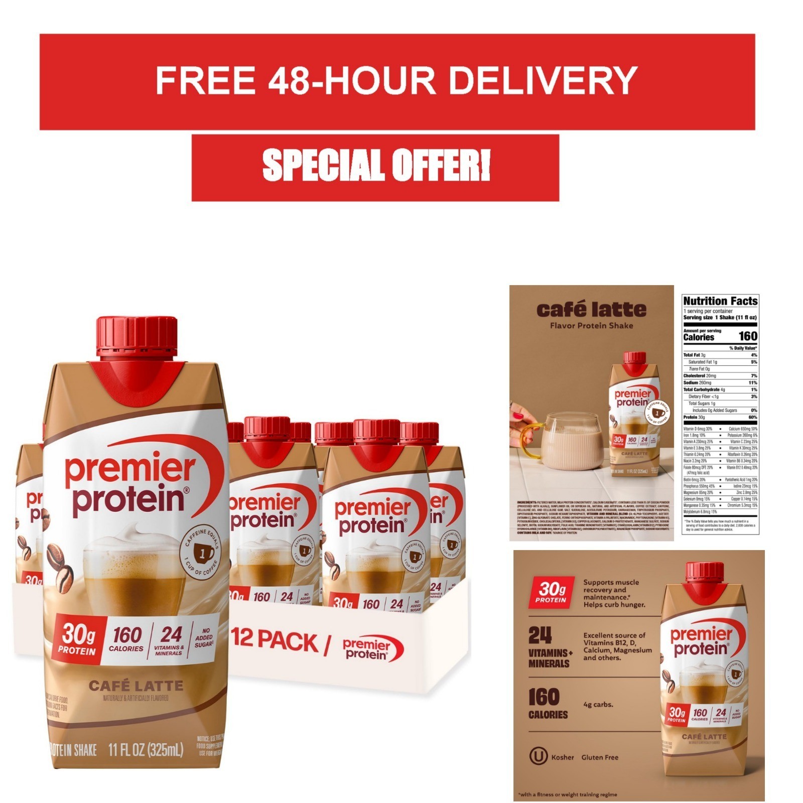 Premier Protein Energy 30g High Protein Shake Cafe Latte 12 Pack