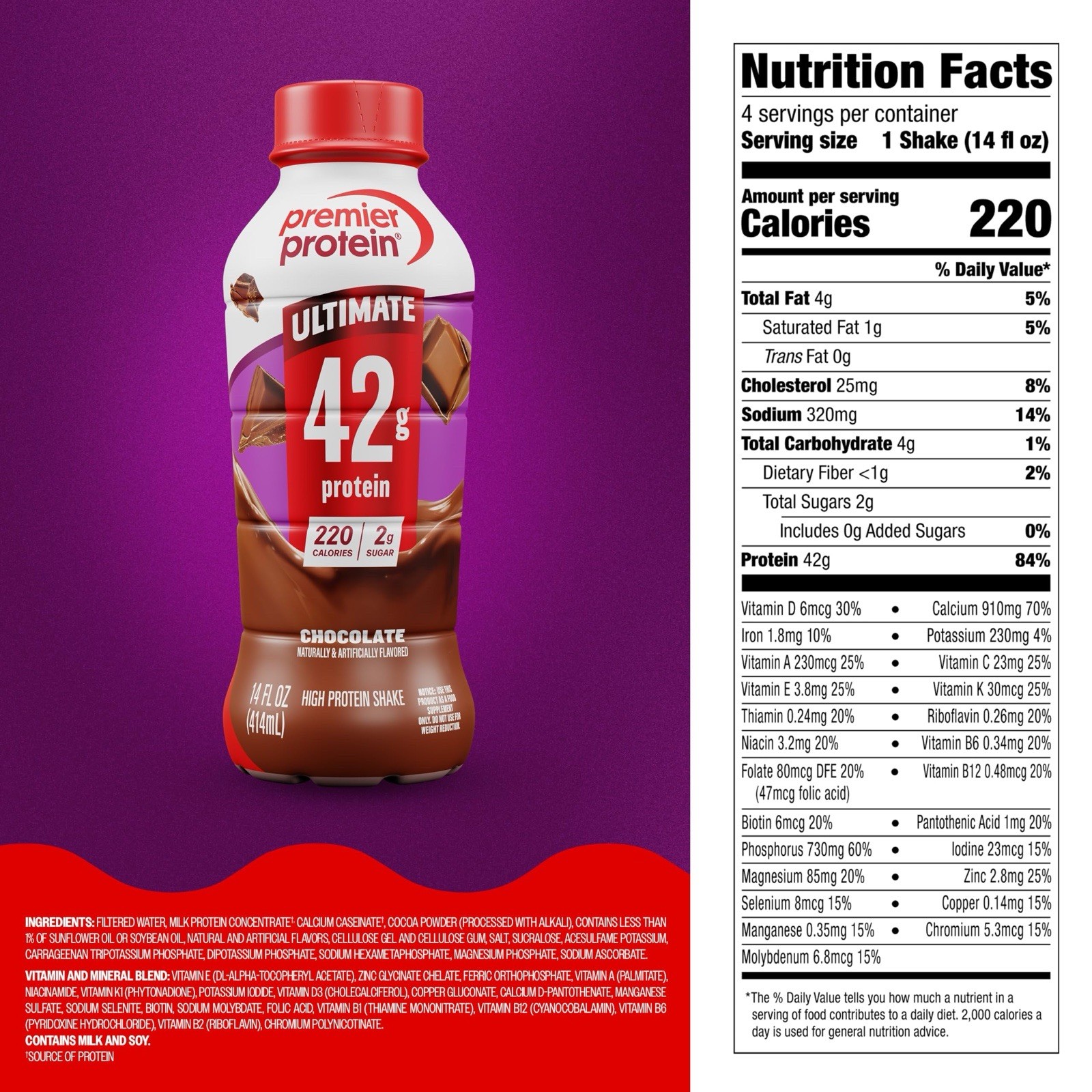 Premier Protein ULTIMATE 42g Protein Shake, Chocolate 🍫 14 Fl Oz, 4 Pack