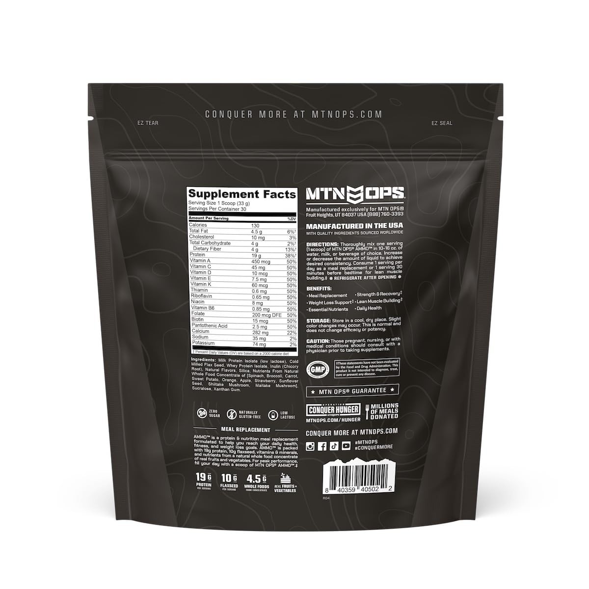 Mtn Ops Ammo Meal Replacement Shake Powder 19G Protein 10G Flaxseed 4.5G Whole