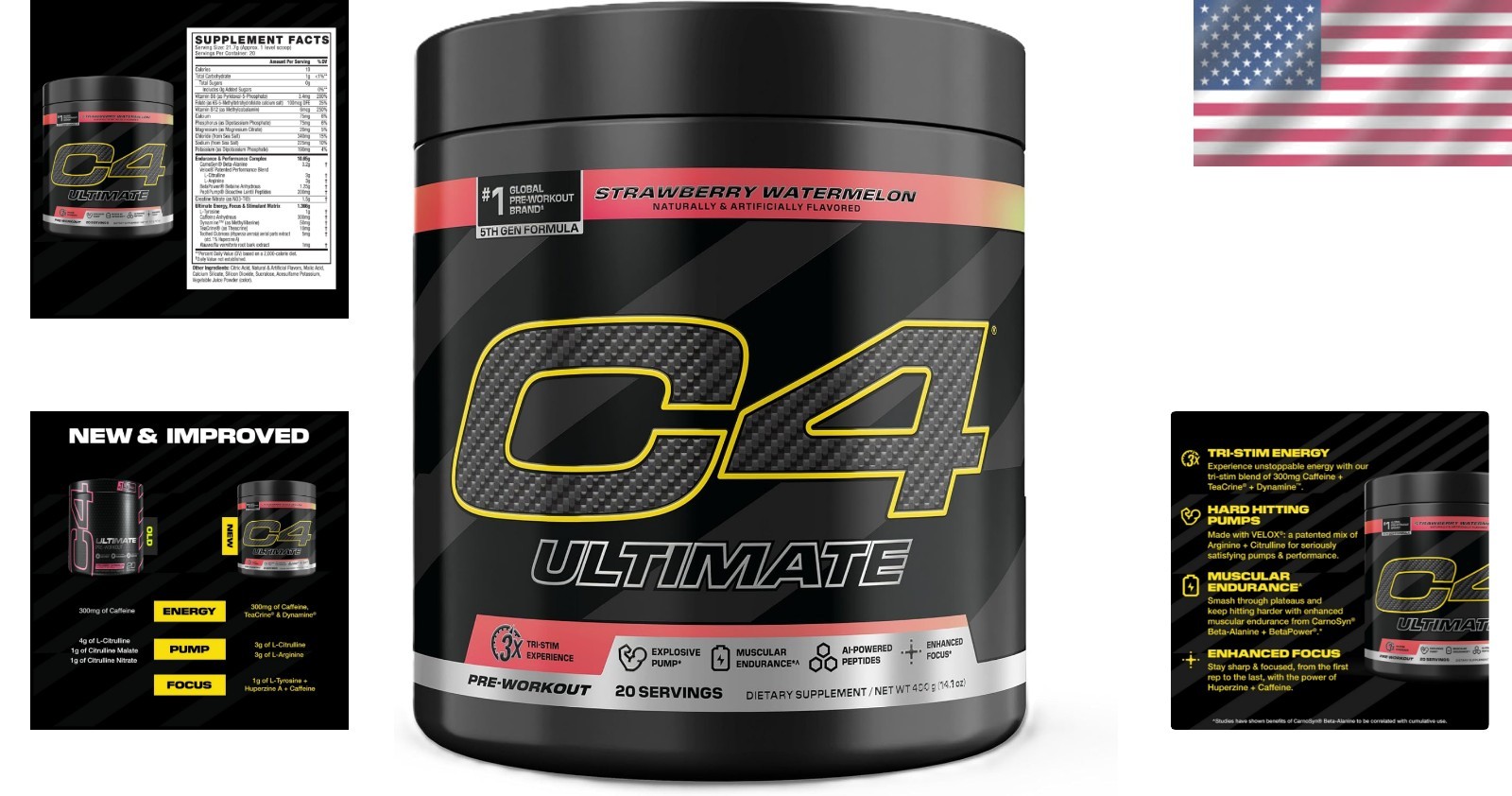 Ultimate Pre-Workout Powder – 300mg Caffeine, 20 Servings, Strawberry Watermelon