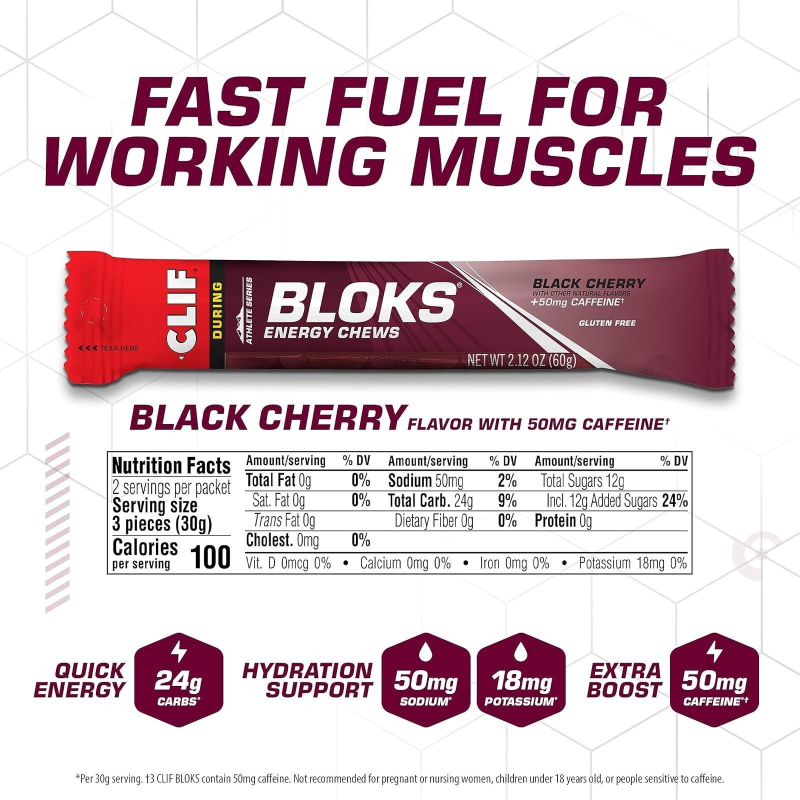 Clif Bloks Energy Chews Black Cherry Flavor 18 Packs with Caffeine