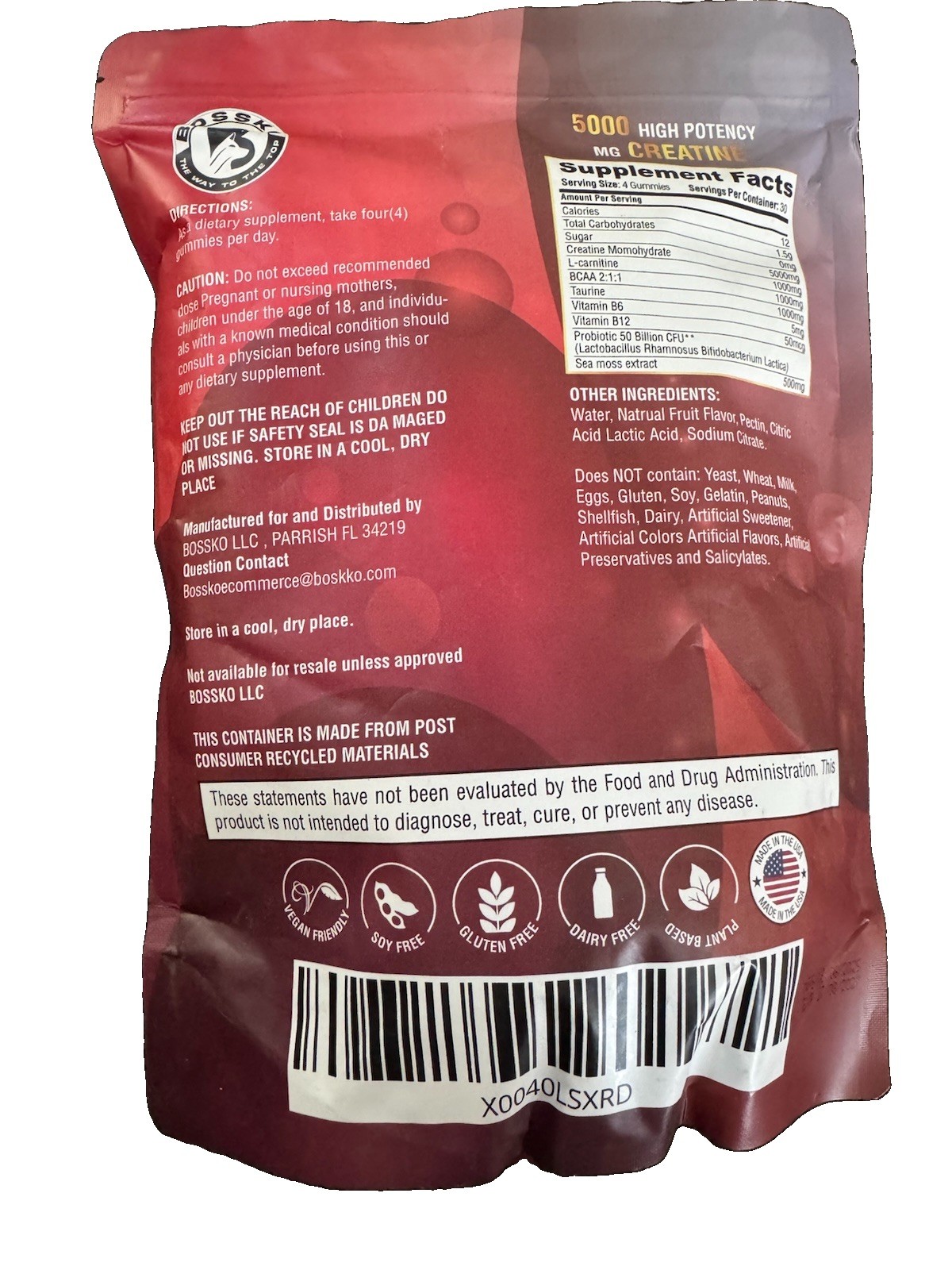 Bossko 5000mg Creatine Monohydrate Gummies Strawberry 120 w/ Sea Moss Vegan