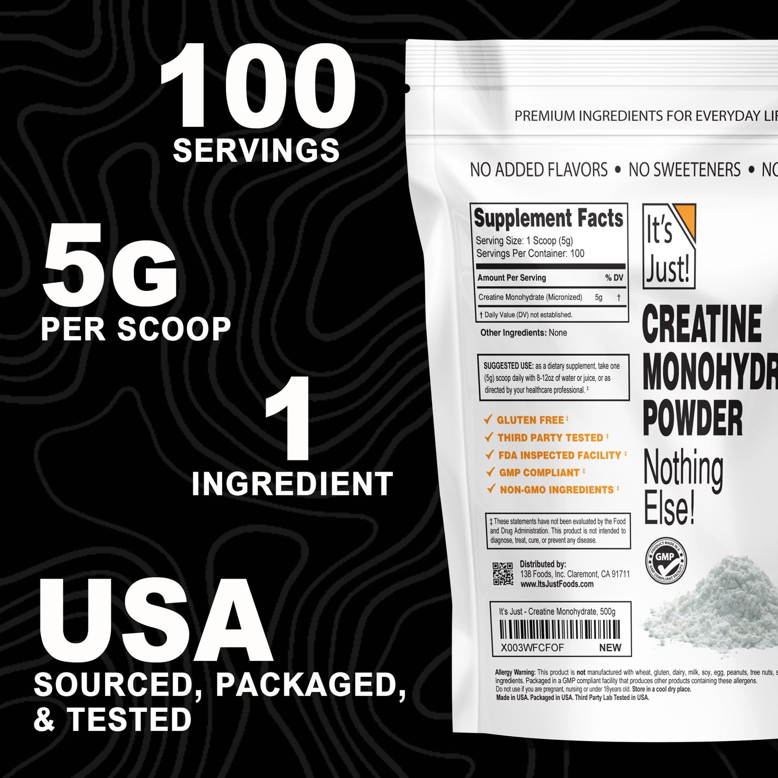 Creatine Monohydrate Powder, Pure Creatine Powder, Made in USA, 3rd Party Lab Te