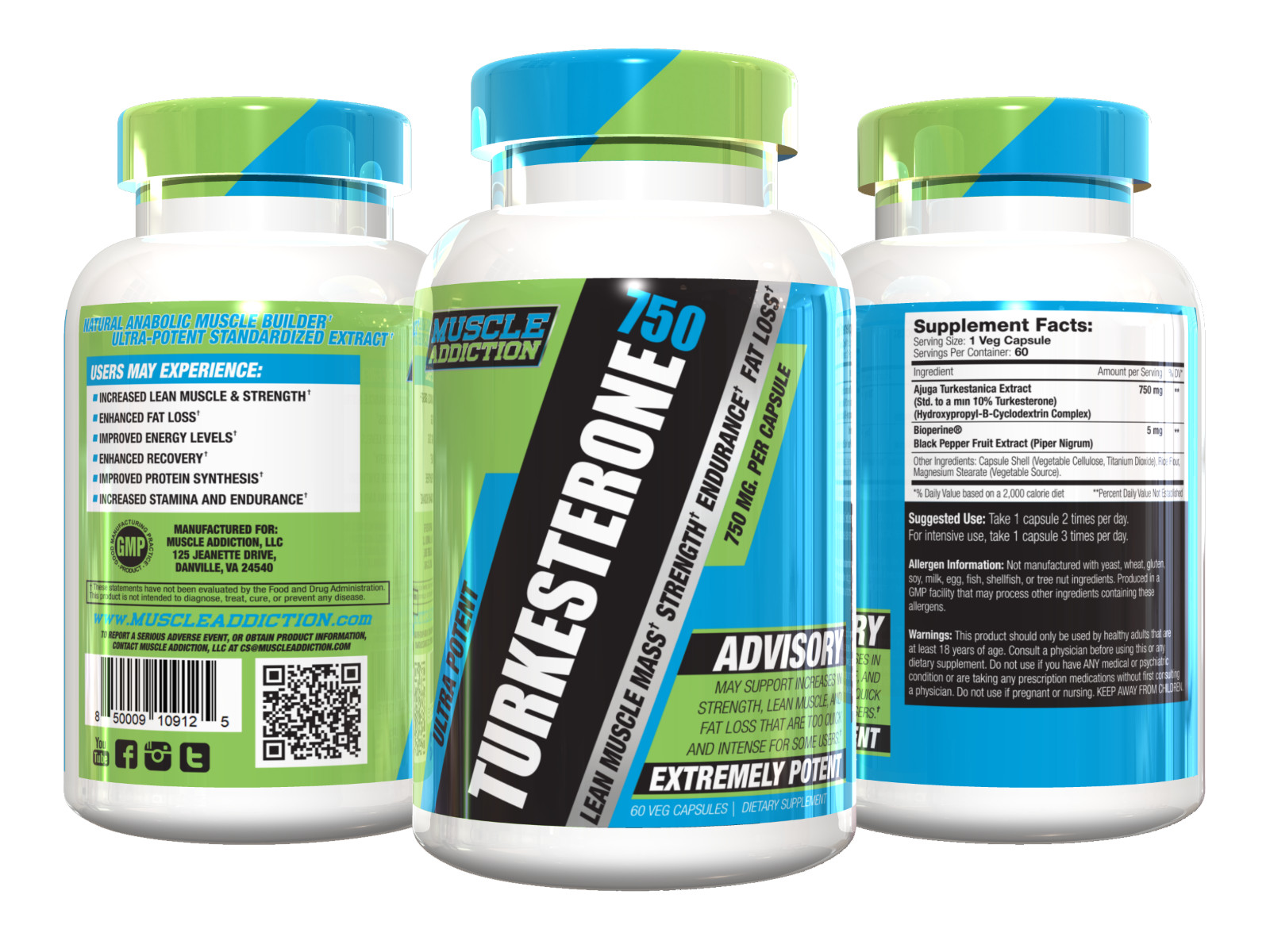 Muscle Addiction Turkesterone with Bioperine 60 Capsules New
