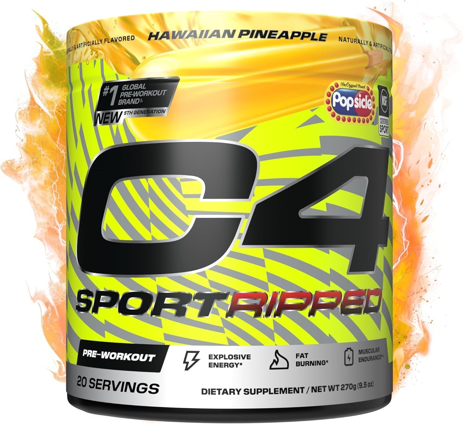 NSF Certified Pre Workout Powder – Ripped Sport with 200mg Caffeine, 20 Servings