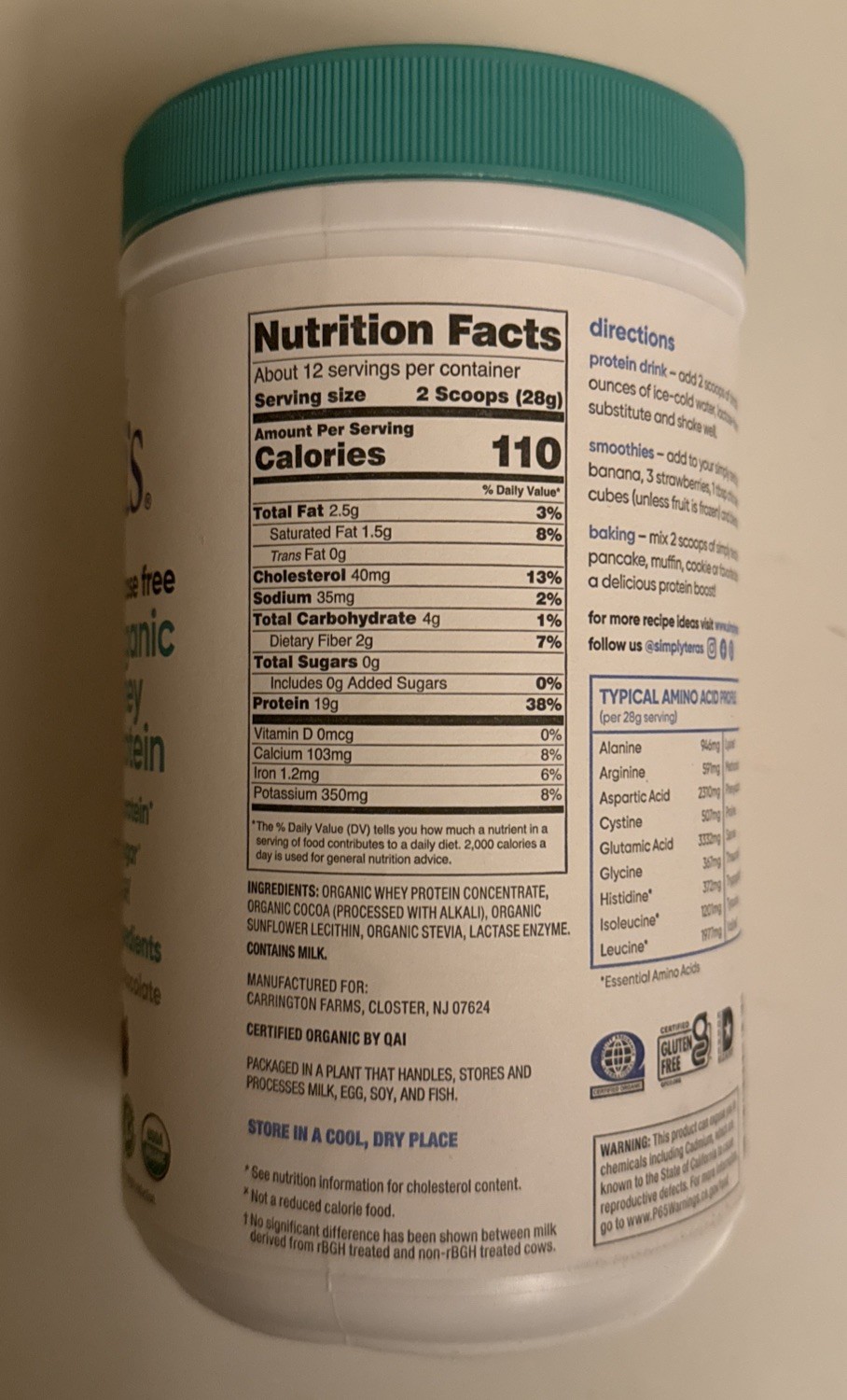 Tera’s Whey Simply Tera’s organic Whey Protein dark chocolate 12oz.(340g)