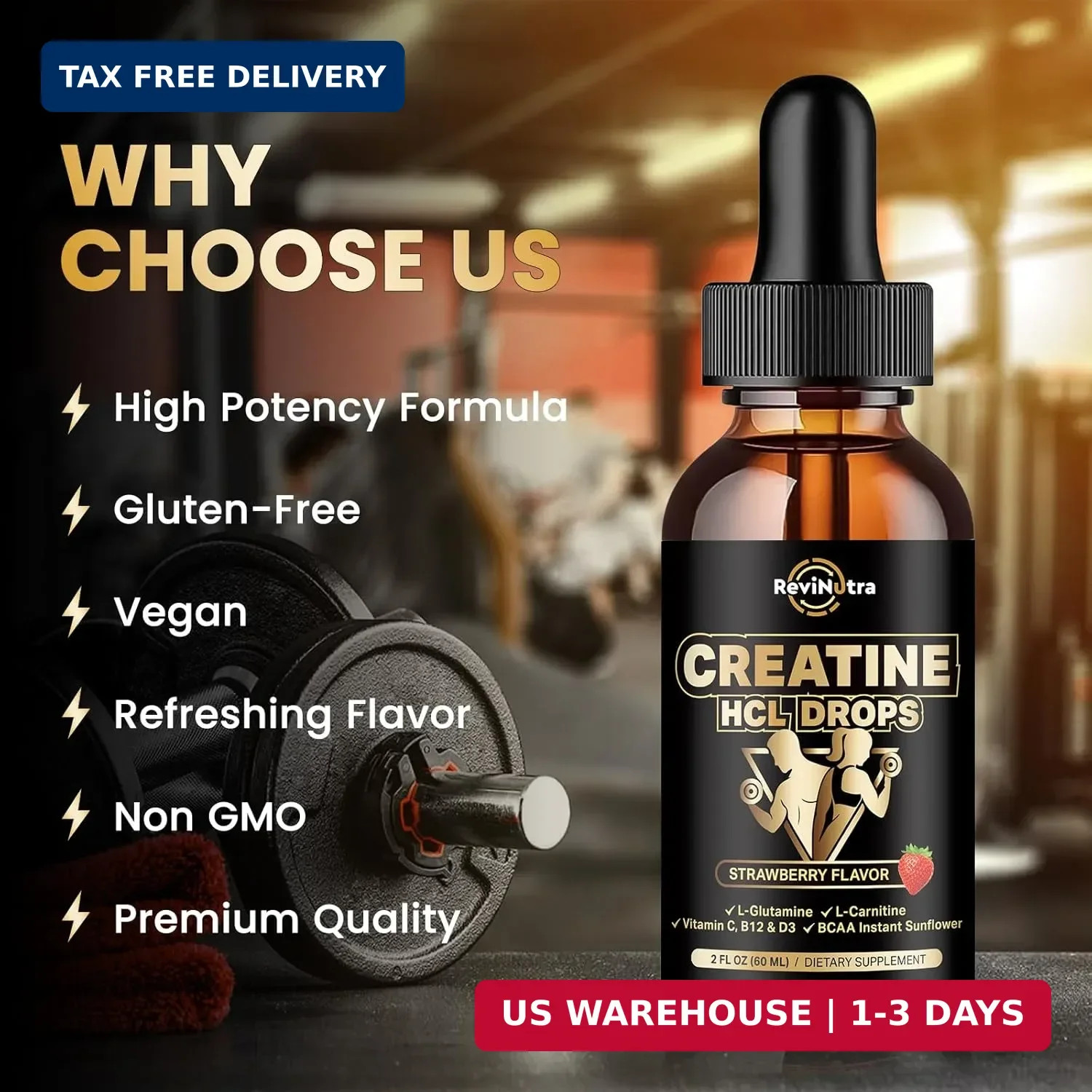 Creatine HCL Liquid Drops for Men & Women, 1500mg Liquid Creatine Hydrochloride,