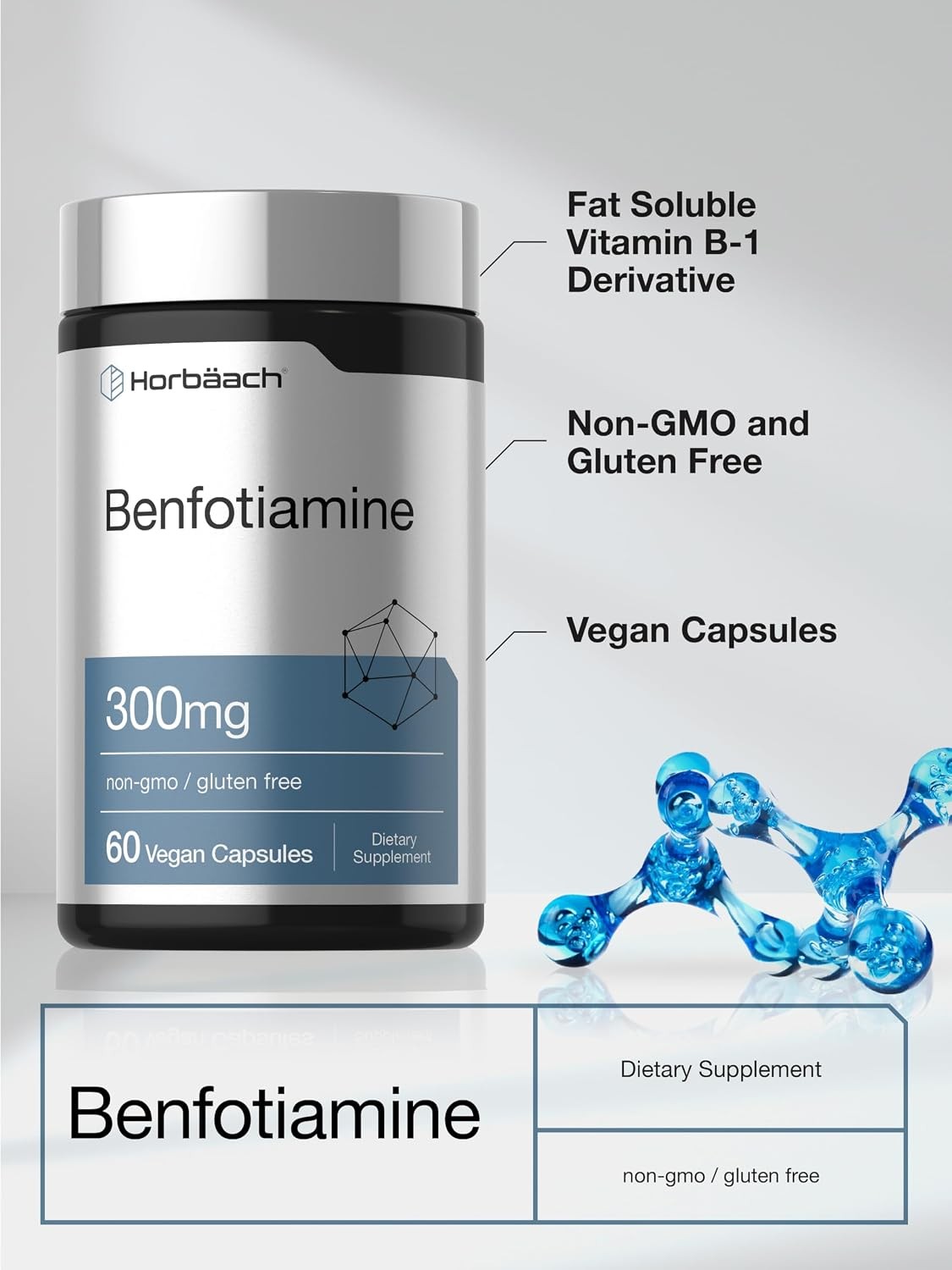 Horbaach Benfotiamine 300mg | 60 Capsules | Vitamin B1 Thiamine | Non-GMO & Glut