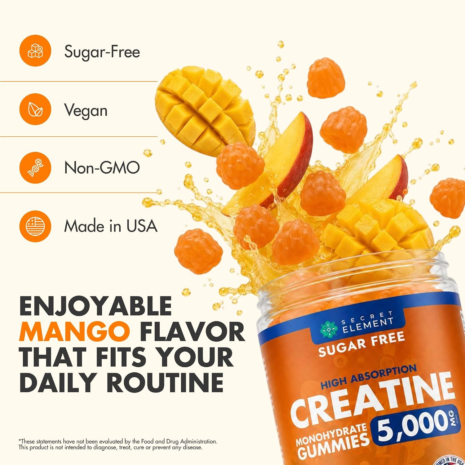 Secret Element Creatine Monohydrate Gummies 5000 mg per Serving, Sugar Free Vega