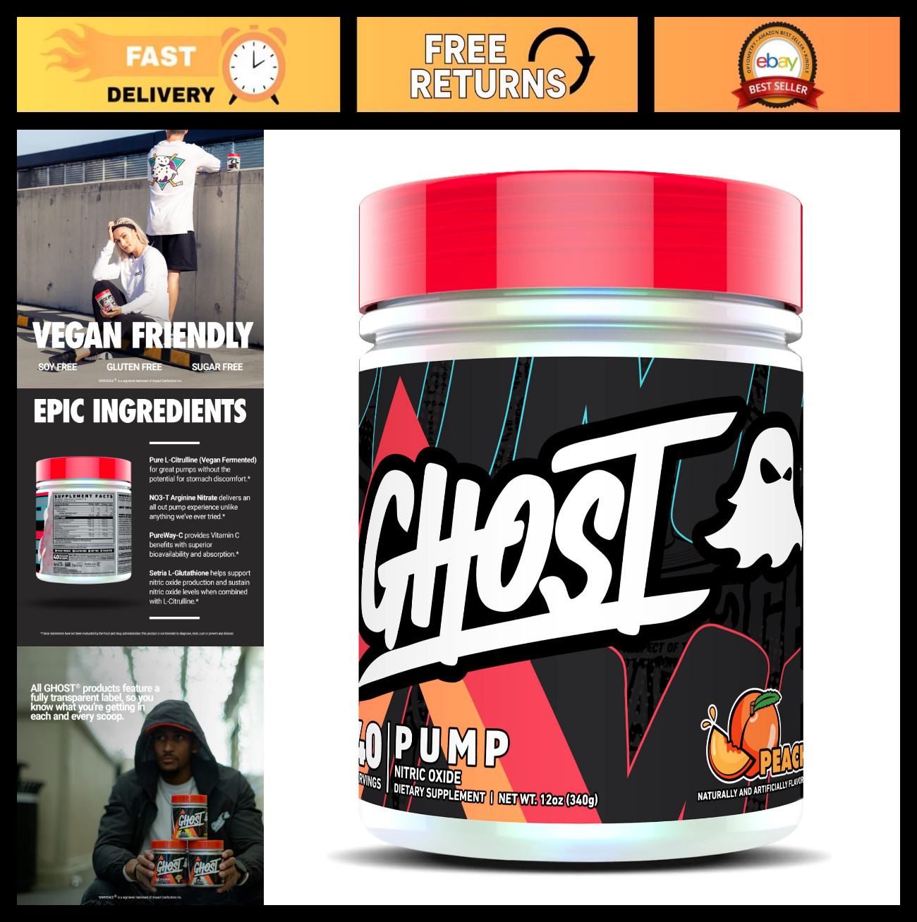 Stim-Free Nitric Oxide Powder, Peach Flavor, 40 Servings – Caffeine-Free Pre-Wor