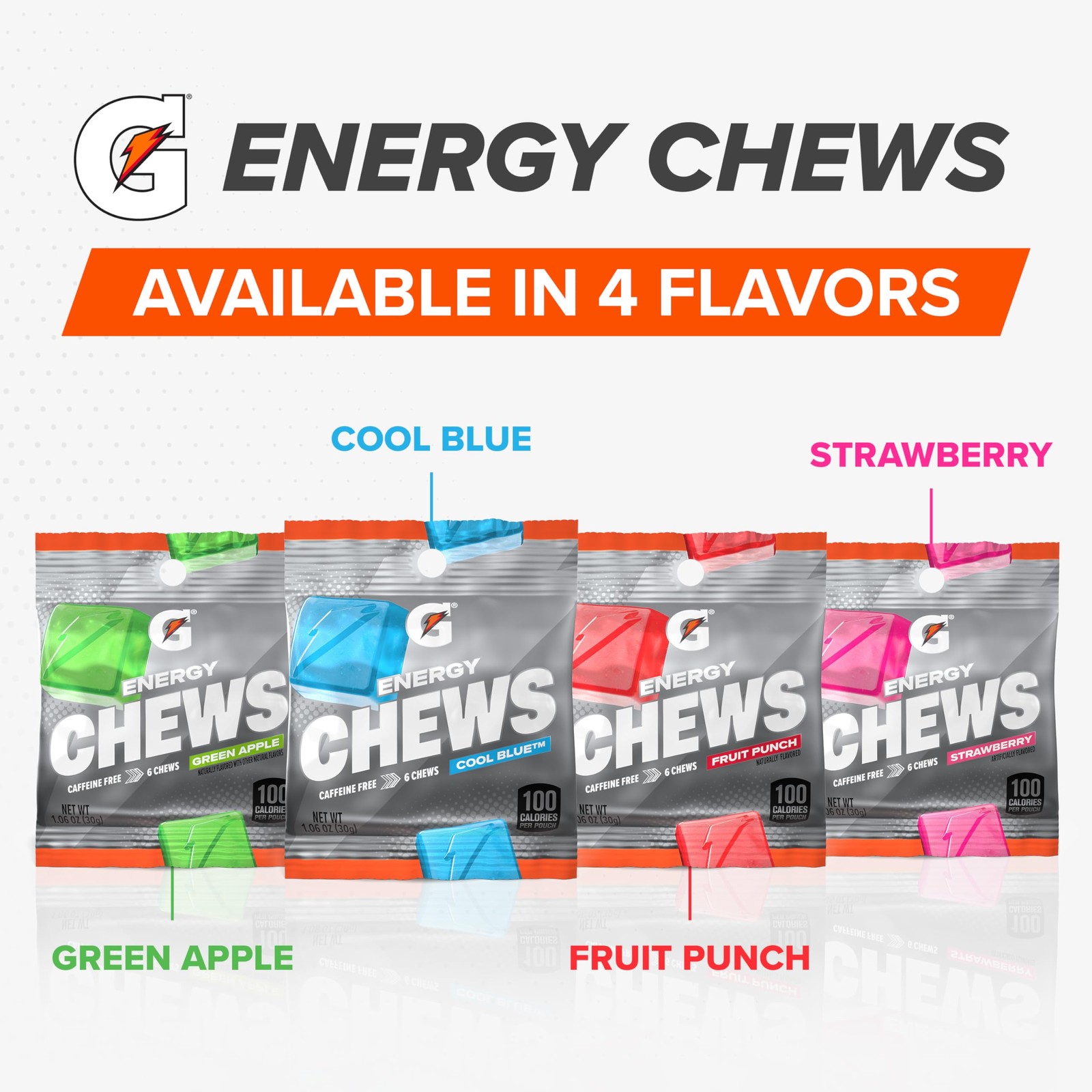 Gatorade Energy Chews, Cool Blue, Caffeine Free, B12, 100 Calorie Pouches, (5 Pa