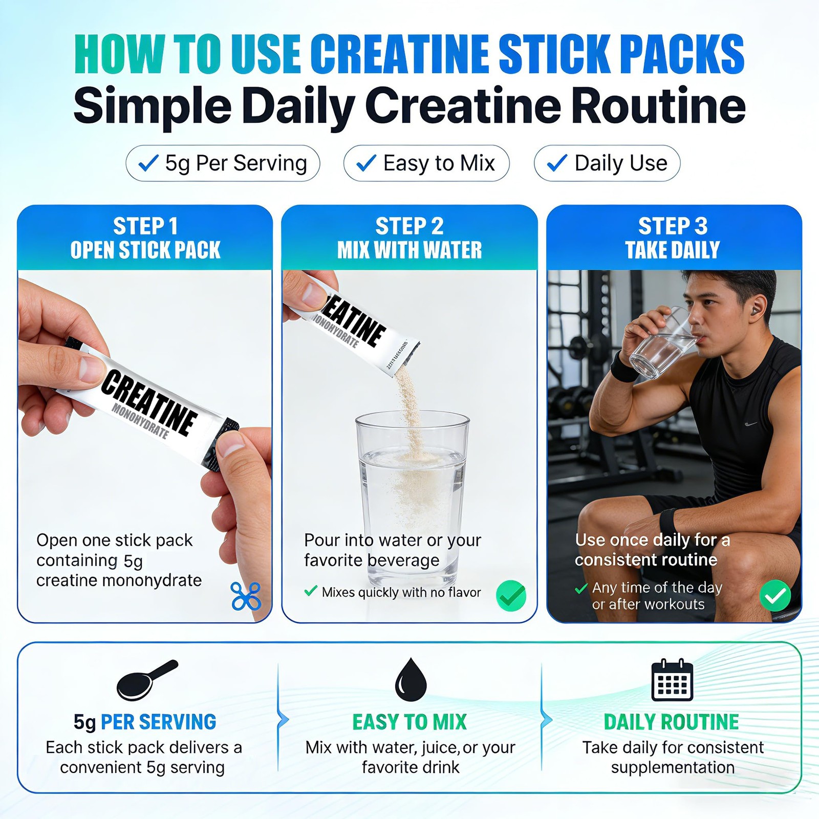 Creatine Monohydrate Stick Packs 5g – 60 Single Serve Creatine Packets, Micro…