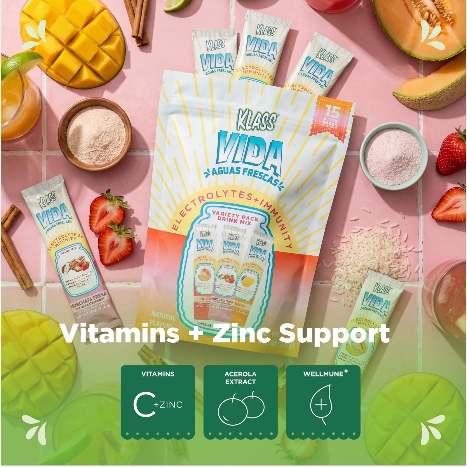 Klass Vida Hydration Immunity Variety Pack Mango Strawberry Horchata Cantaloupe