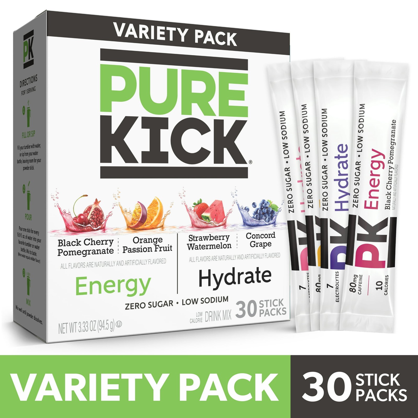 Pure Kick Energy & Hydration Electrolyte Powdered Drink Mix Variety pack, 30 Cou