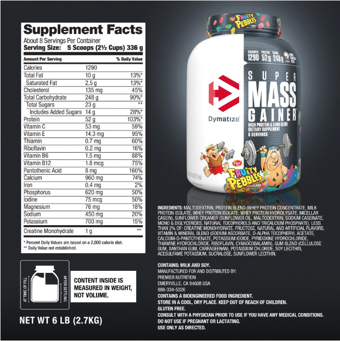 Dymatize Super Mass Gainer, Fruity Pebbles, 6 lb, 52g Protein