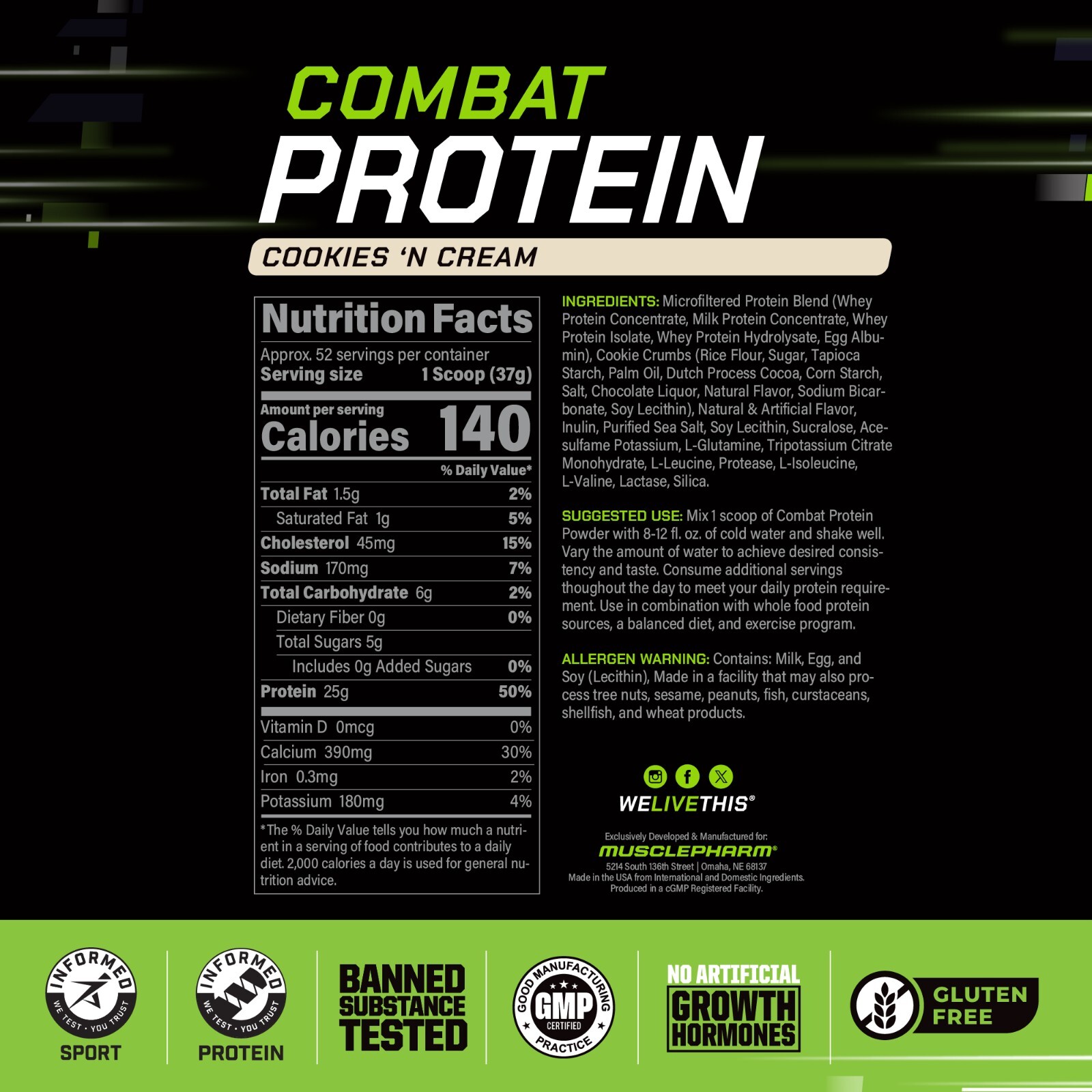 MusclePharm Combat Protein Powder – 4 lb, 52 Servings, Cookies & Cream