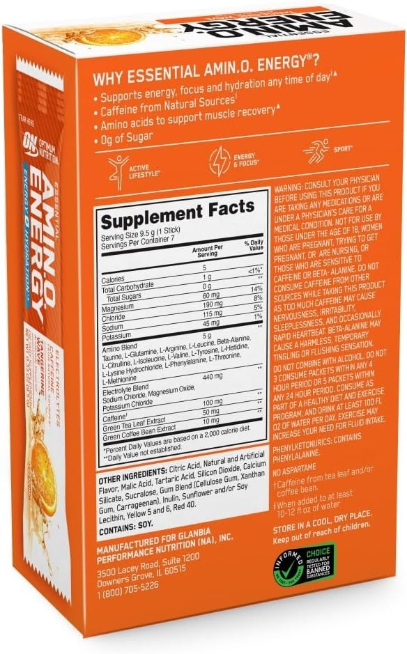 Essential Amino Energy + Electrolytes – Tangerine Wave, 7 Convenient Stick Packs