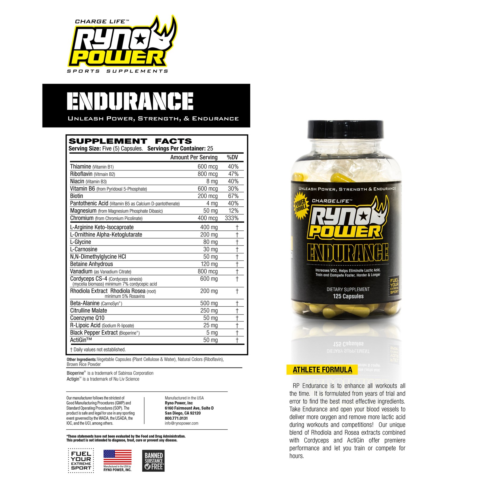 Ryno Power Endurance Supplement – 25 Servings, 125 capsules